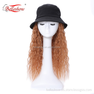 Hot sell fisherman's hat wig wool ring light brown long curly hat wig head set real hair mix black hat human and synthetic hair